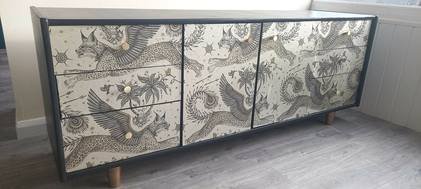 Midcentury Sideboard, Black and Gold Lynx Print. Painted Upcycled Living Room Furniture