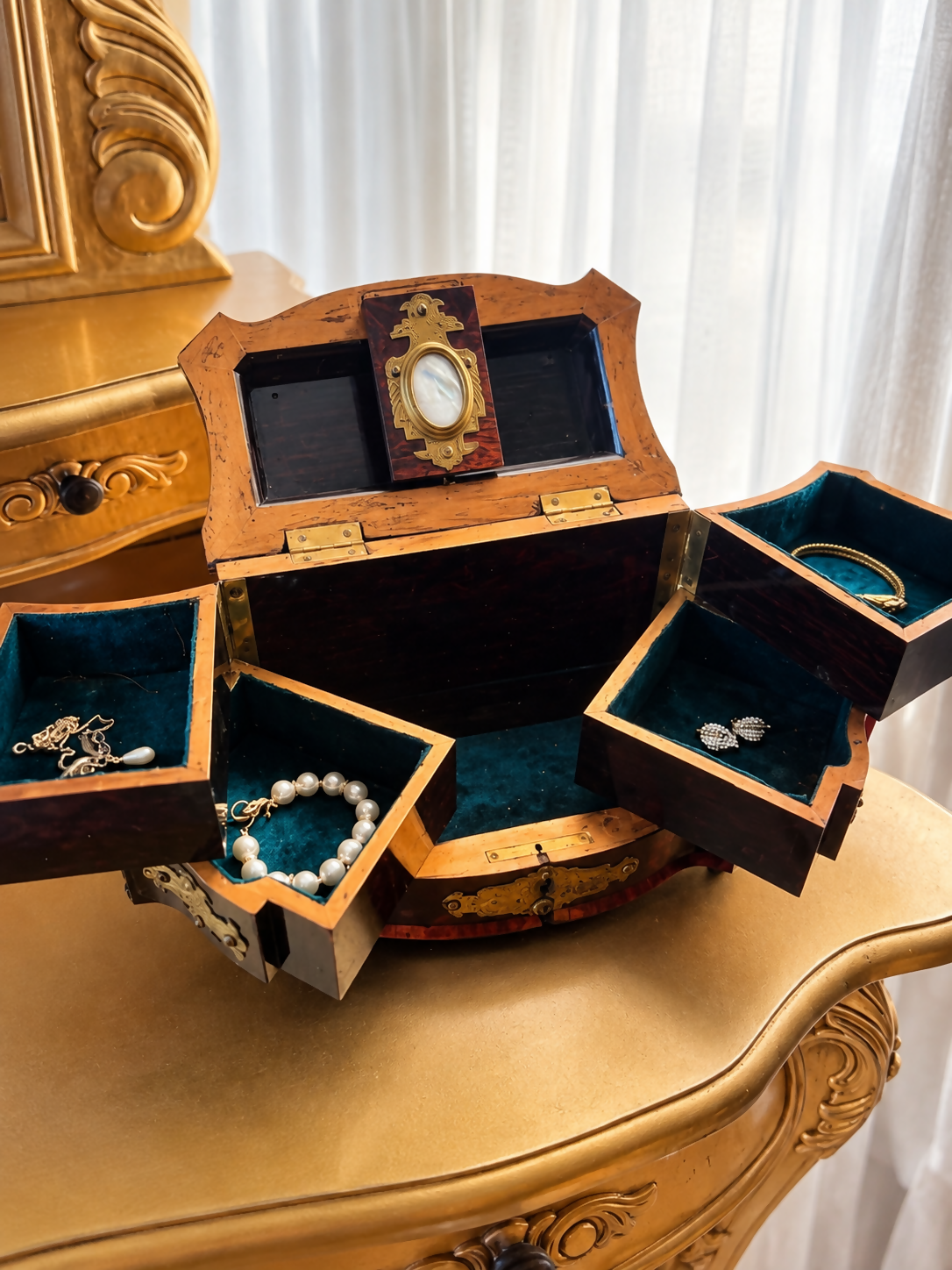 Antique Bombe Jewellery Trinket Box With Mother Of Pearl & Brass Mounts