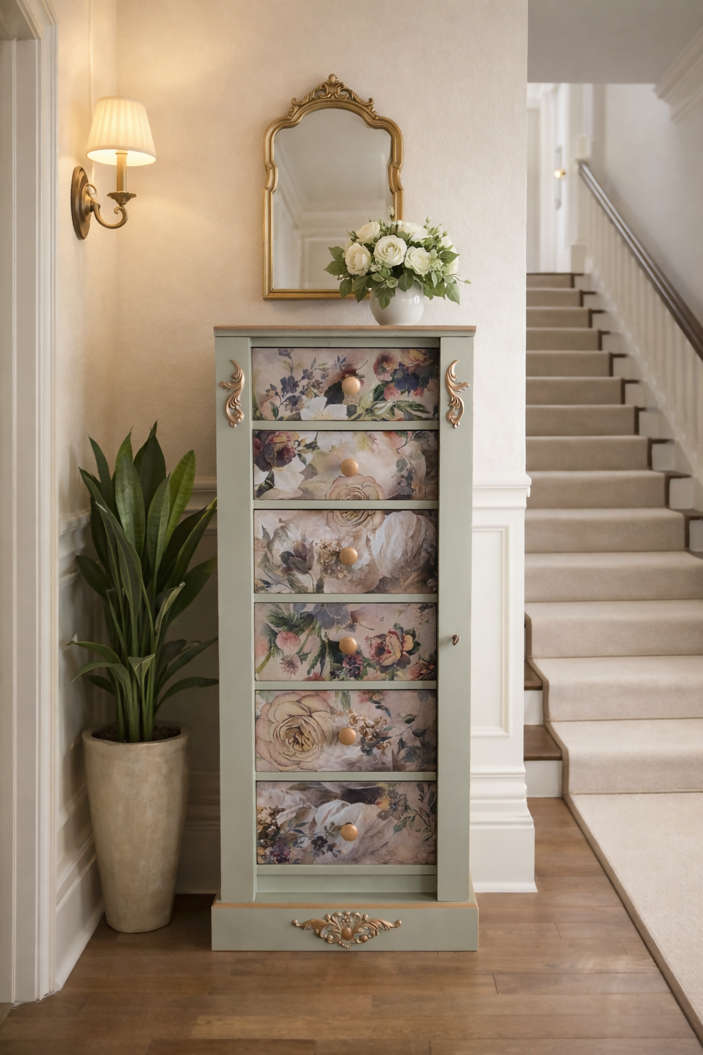 Vintage upcycled tallboy chest of drawers pale green with floral decoupage