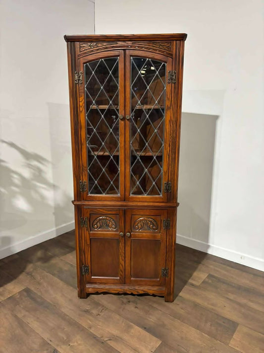 Old Charm Priory Style Corner Cupboard with Leaded Glass Doors