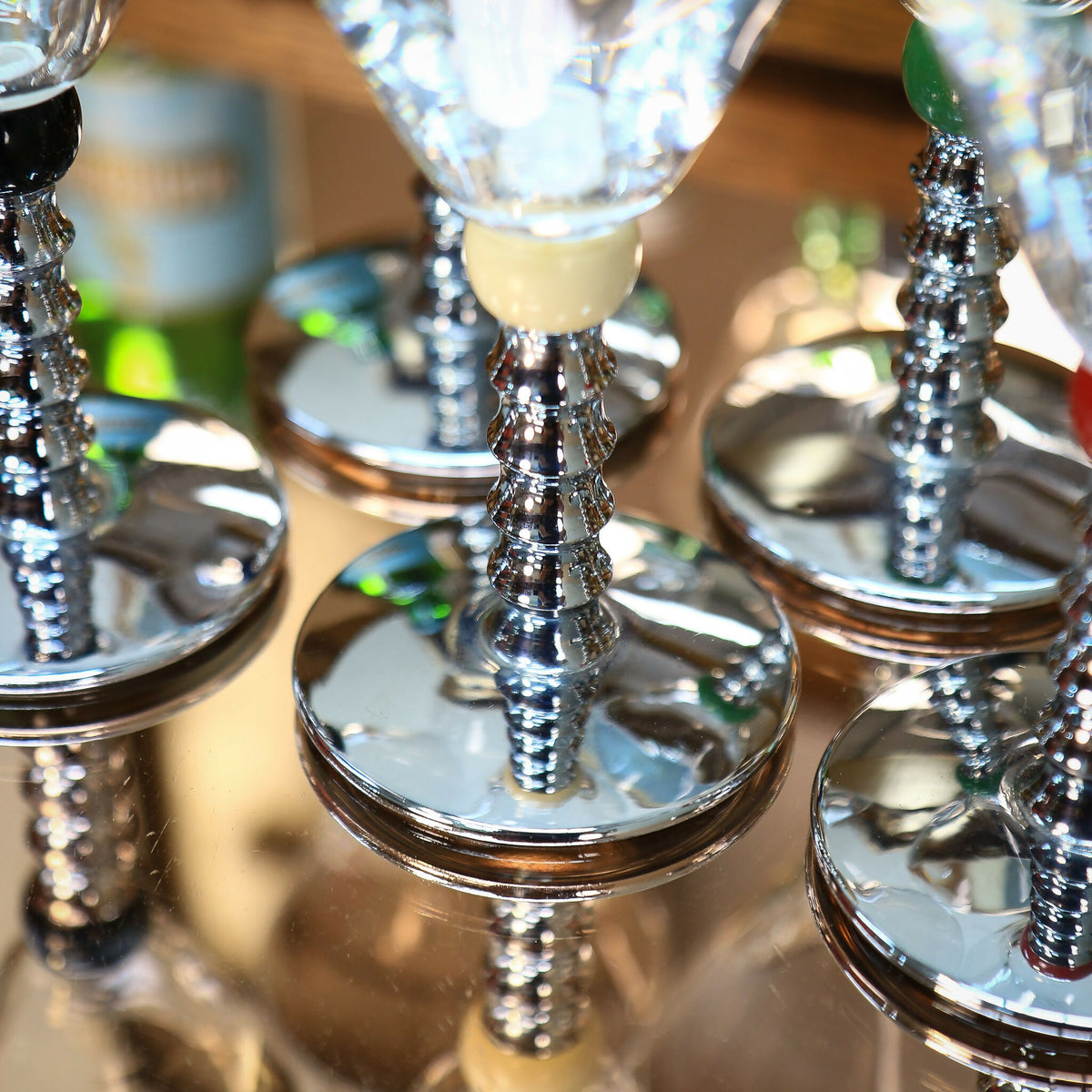 Six Art Deco Cocktail Martini Glasses on Chrome Stems with Coloured Accent Ball