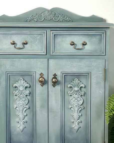 Vintage Solid Pine Cabinet | Hand Painted Duck Egg Blue Cupboard | Floral Decoupage Interior | UK Delivery Included