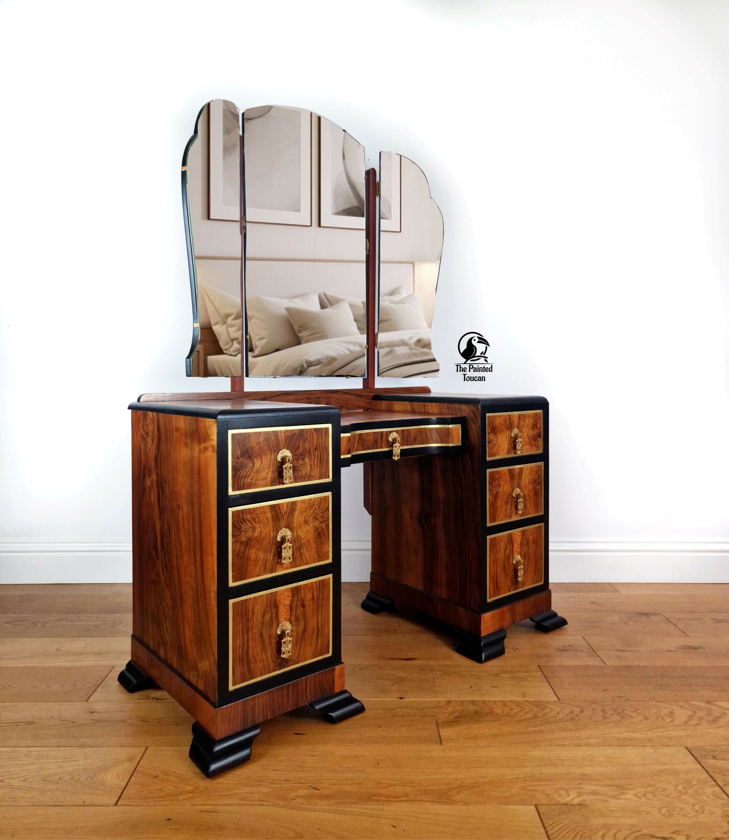 Restored 1940s Art Deco Burr Walnut Dressing Table - Black and Gold