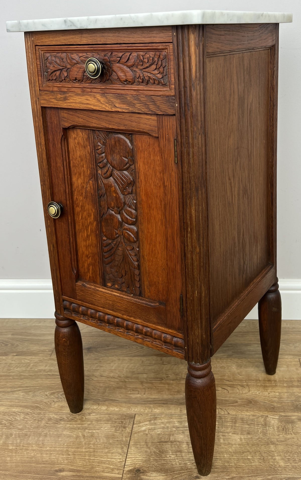 Bedside Table Antique French Style Oak Carved Marble Top Cabinet LOT 6574