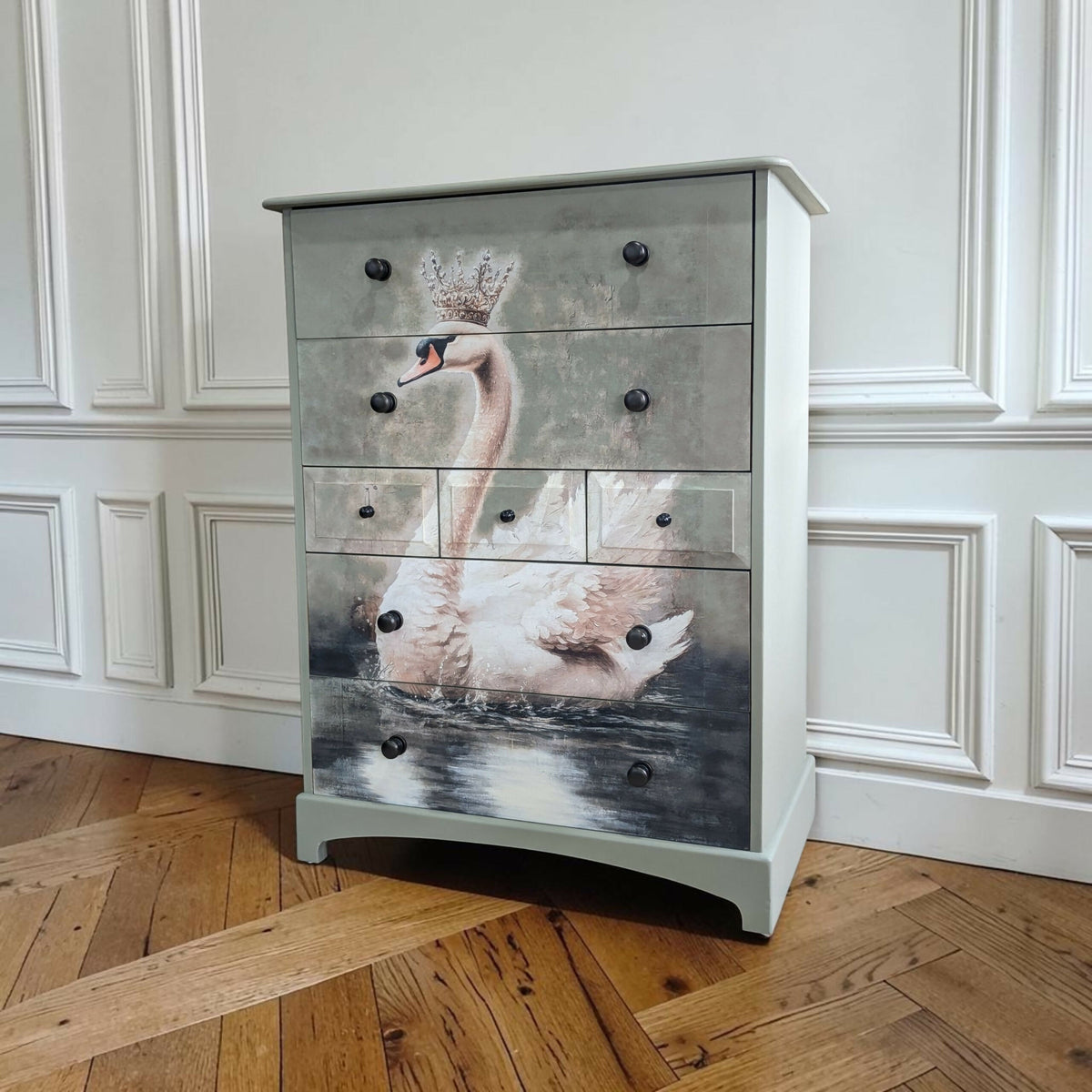 Vintage Stag sage green chest of drawers decoupage tallboy