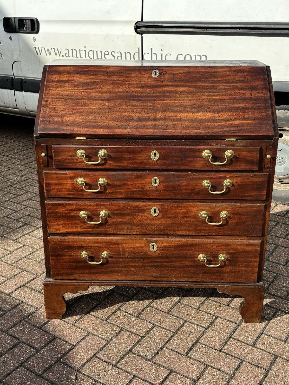English Georgian Mahogany Desk, Fitted Interior, Secret Drawers, Brass Handles