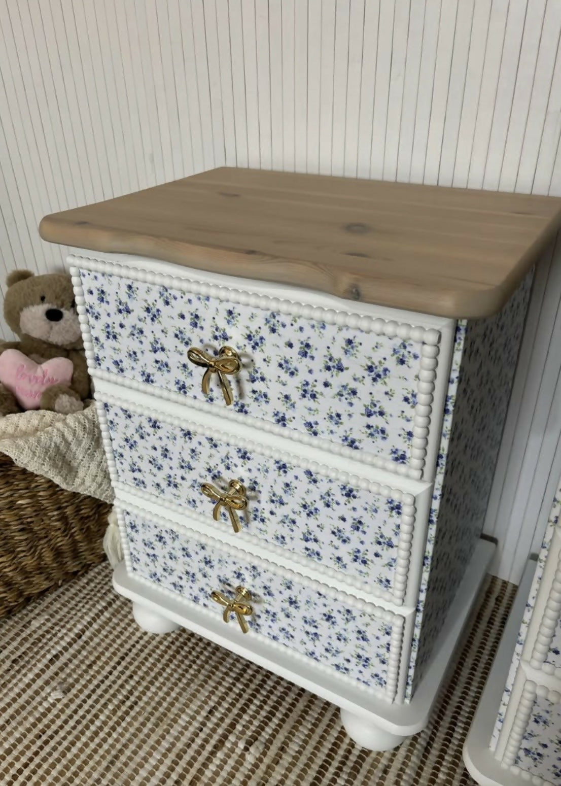 Pair of pine bedside drawers featuring floral decoupage