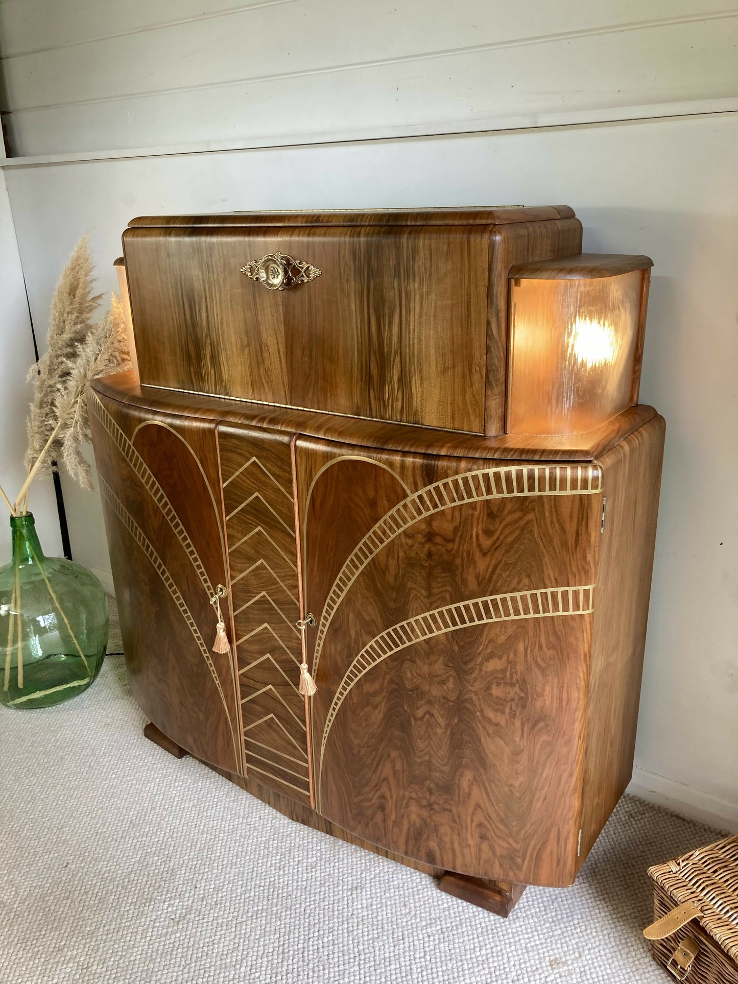 Large Art Deco Walnut Cocktail Cabinet with Design