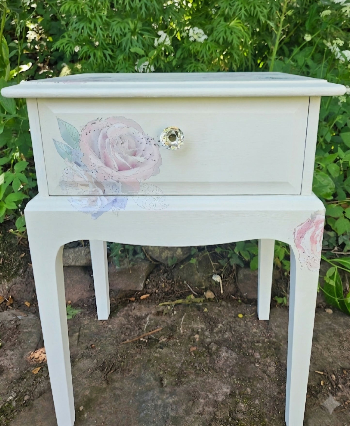 Stag Minstrel 'leggy' beside table with drawer painted in clotted cream