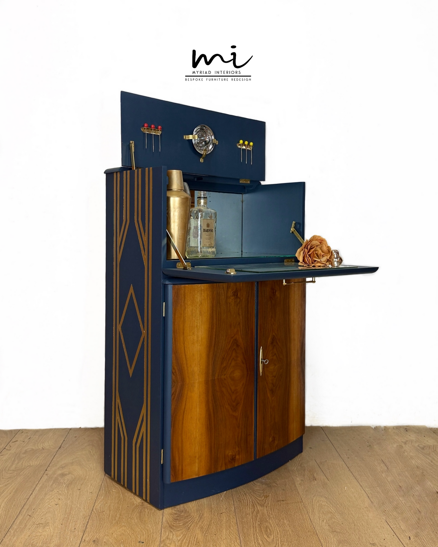 SOLD commissions available Navy Blue and Gold Art Deco Walnut Drinks Cabinet, cocktail cabinet, bar, sideboard, refurbished