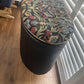 Black oval mid century modern ottoman - black paint William Morris style fabric