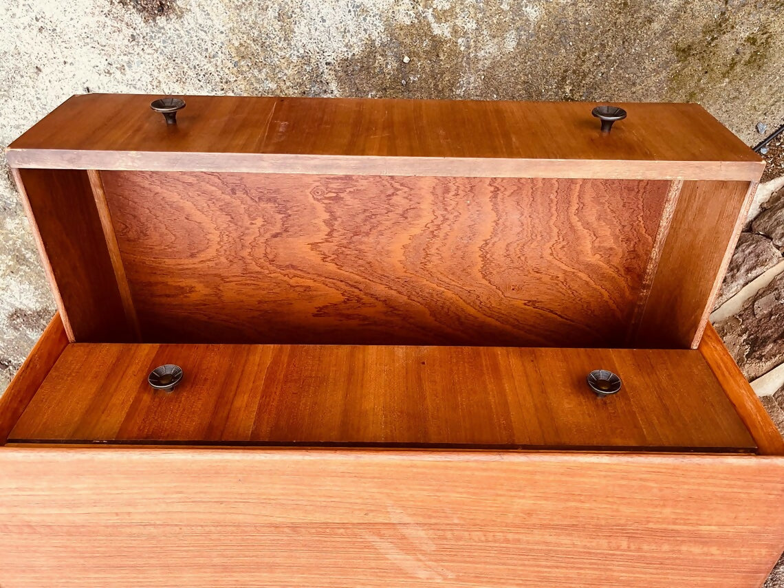 Mid-Century Teak Chest of Drawers – Vintage 4-Drawer Unit with Tapered Legs & Metal Pulls