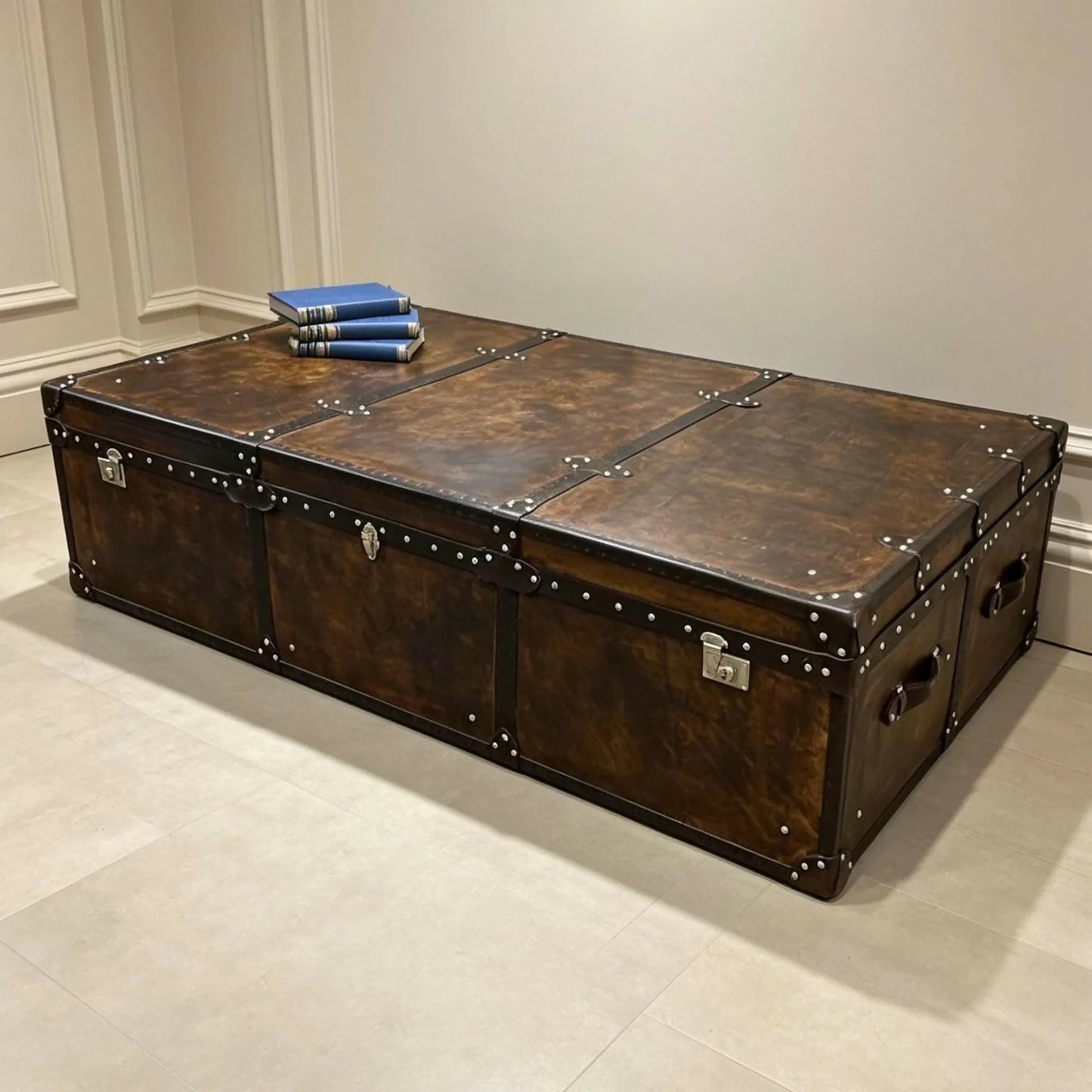 Handmade English luxury large Vintage leather coffee table - hand dyed storage trunk