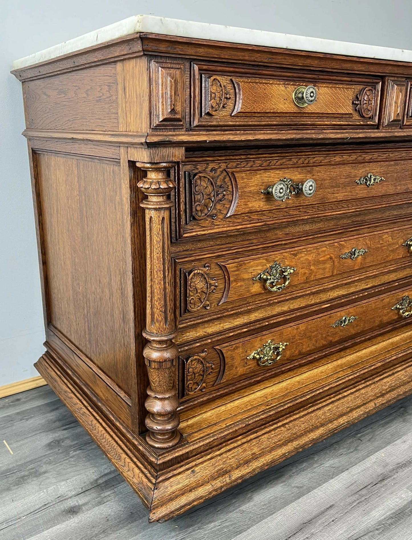 Chest of Drawers Antique French Style Marble Top Oak Carved Cabinet LOT 4808