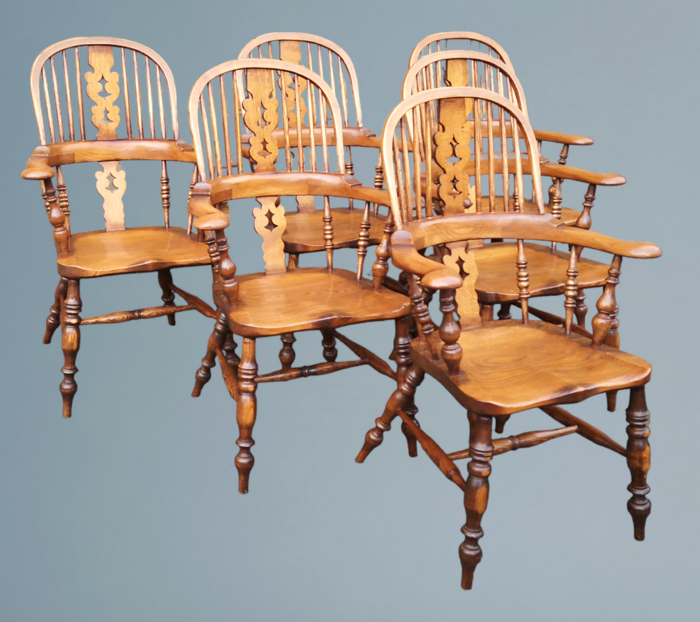Set of Six Ash & Elm Broad Arm High Back Windsor Armchairs