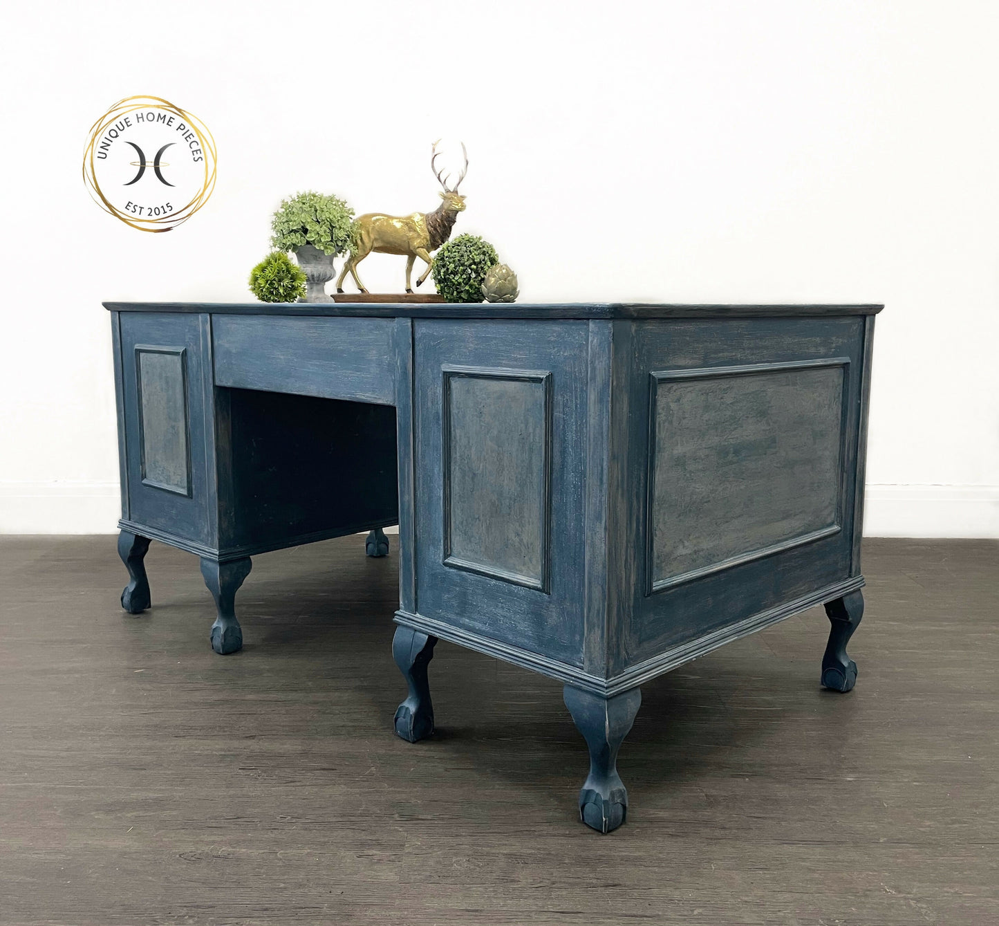 Blue Antique Claw and Ball Double Pedestal Office Desk By Cooke’s Ltd