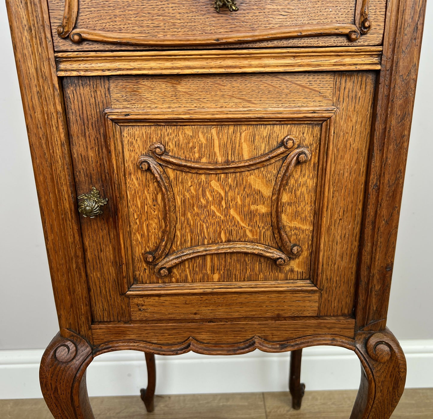 Bedside Table Antique French Marble Top Oak Cabinet Carved Cupboard LOT 6394