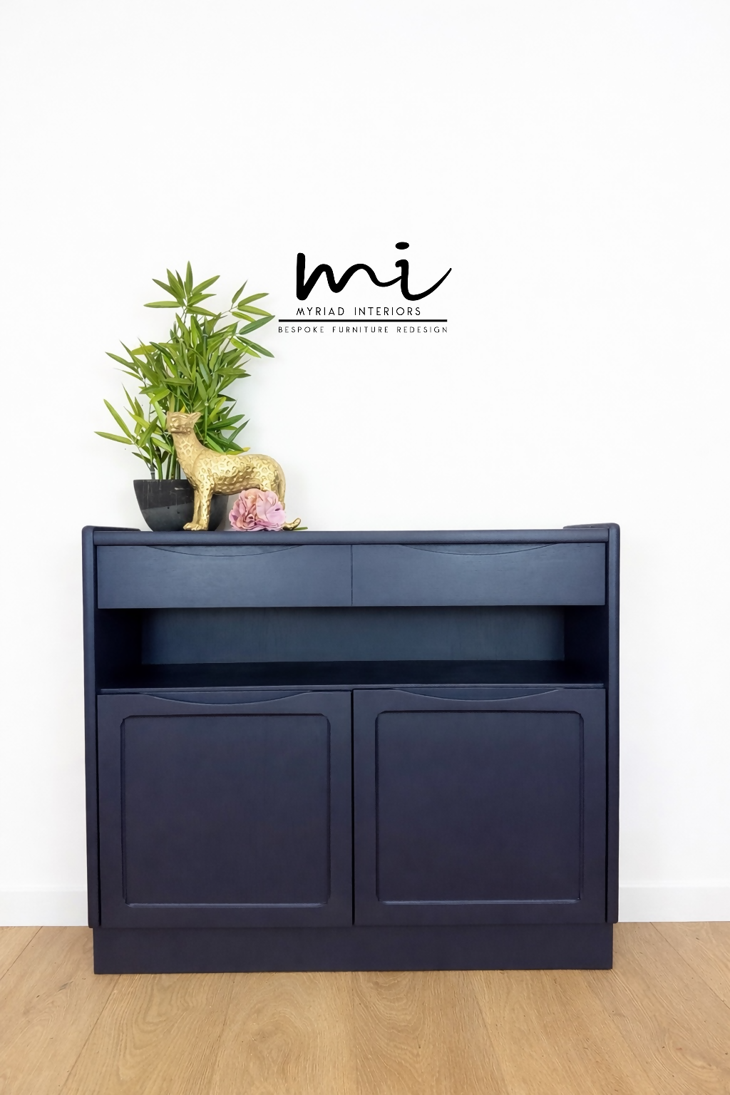 Navy Blue Nathan slim sideboard, retro hallway table, teak console, vintage, narrow, small drinks cabinet