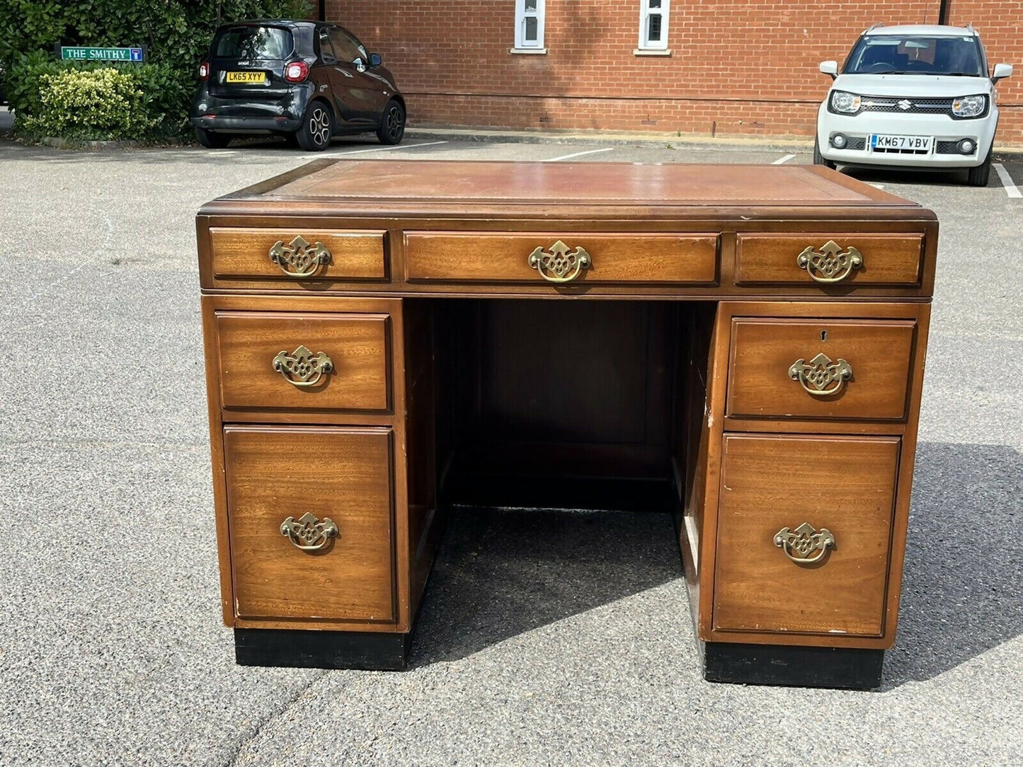 Mahogany Desk, Brass Handles, Panelled Sides & Rear.