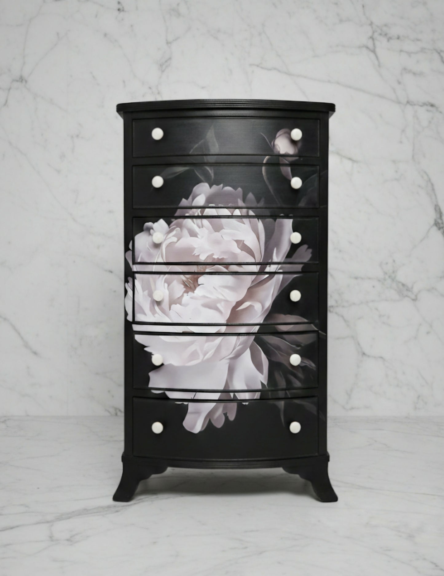 Opaline Bloom – Dark Luxe Bow-Front Vintage Chest of Drawers, Black Floral Decoupage, Gold & Pearl Handles