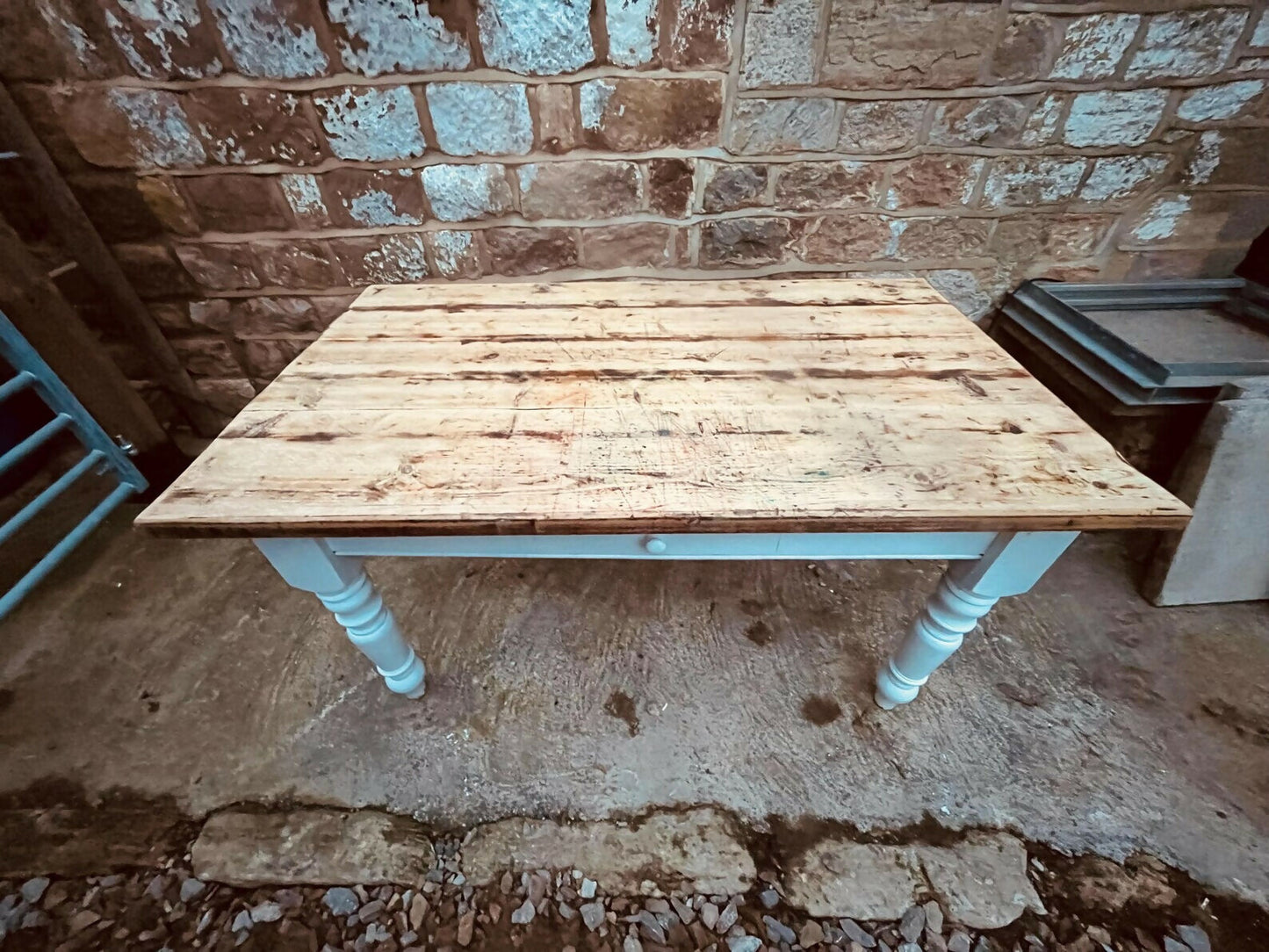 Vintage Farmhouse Table with Drawer – Rustic Reclaimed Pine Top & Painted Base – Country Kitchen Dining
