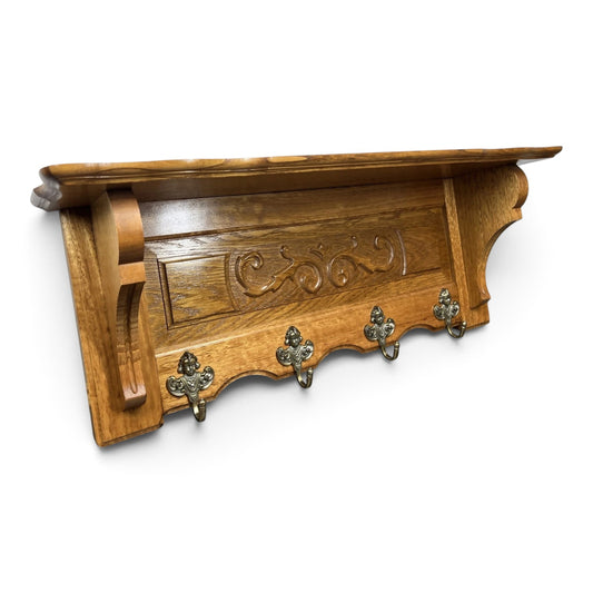Coat Rack French Vintage Oak 4 Hooks Wall Shelf Carved Coat Hanger LOT 24239