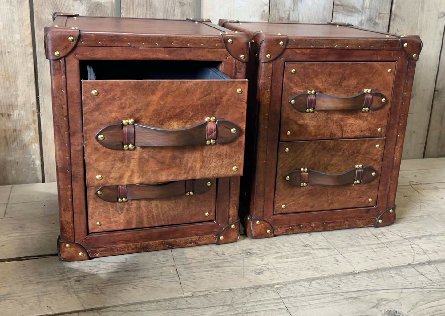 Bespoke English vintage bedside cabinets - custom wood framed - luxury hand dyed leather nightstands