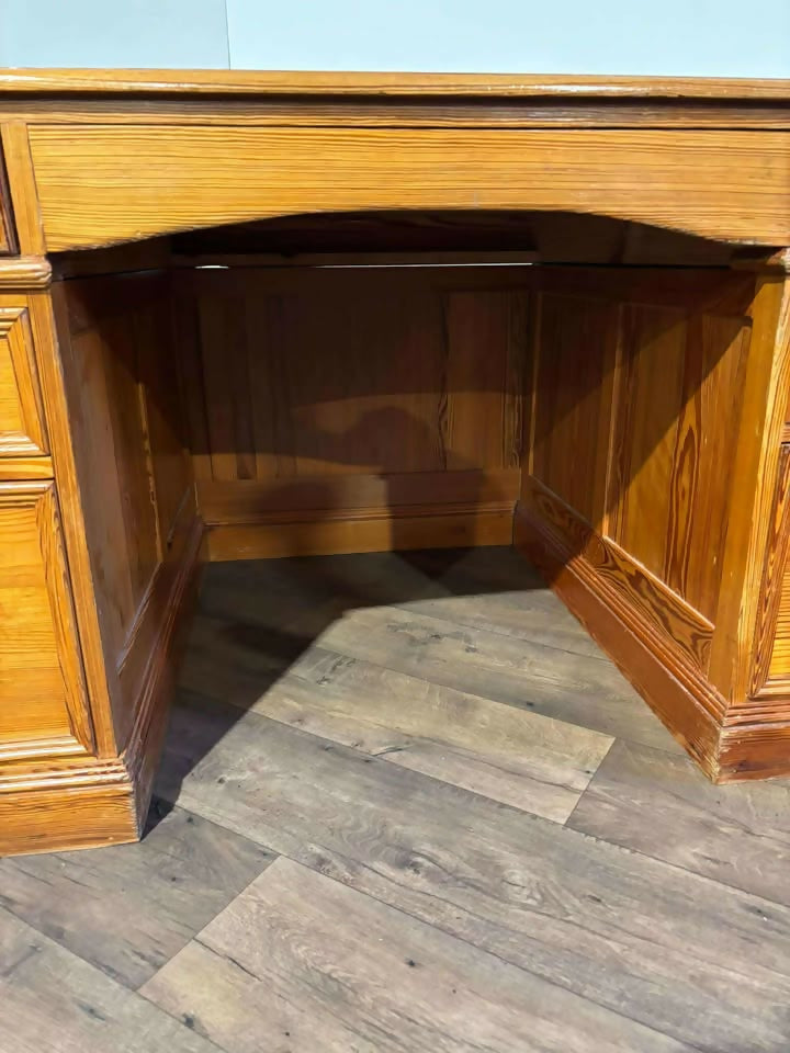 Large Leather Topped Pine Pedestal Desk