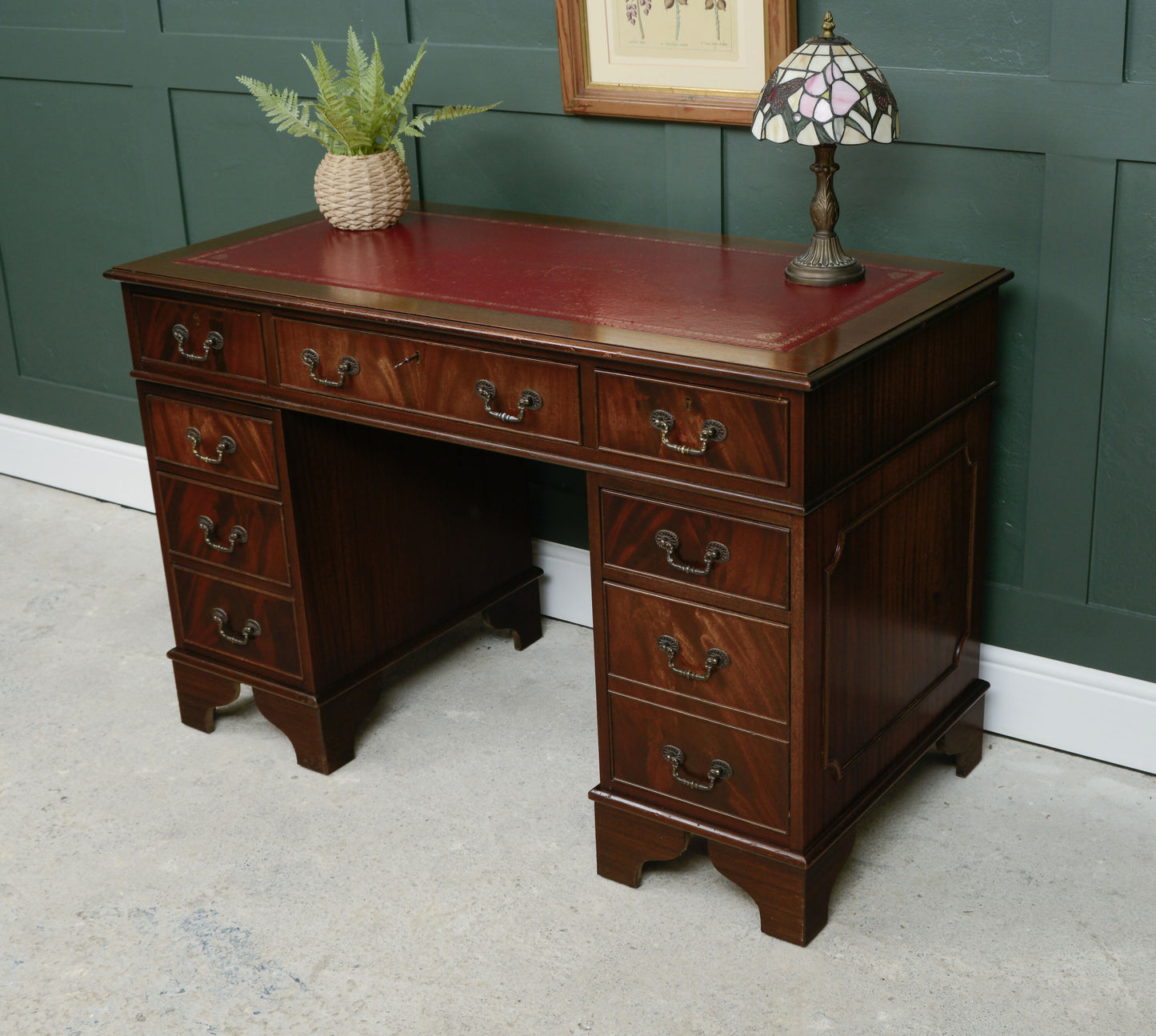 Antique Style Mahogany Pedestal Desk with Red Leather Top