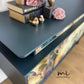 Refinished G Plan sideboard in deep blue with pretty floral and botanical, e Gomme, Tola, deep teal, maximalist, tv stand, cocktail cabinet
