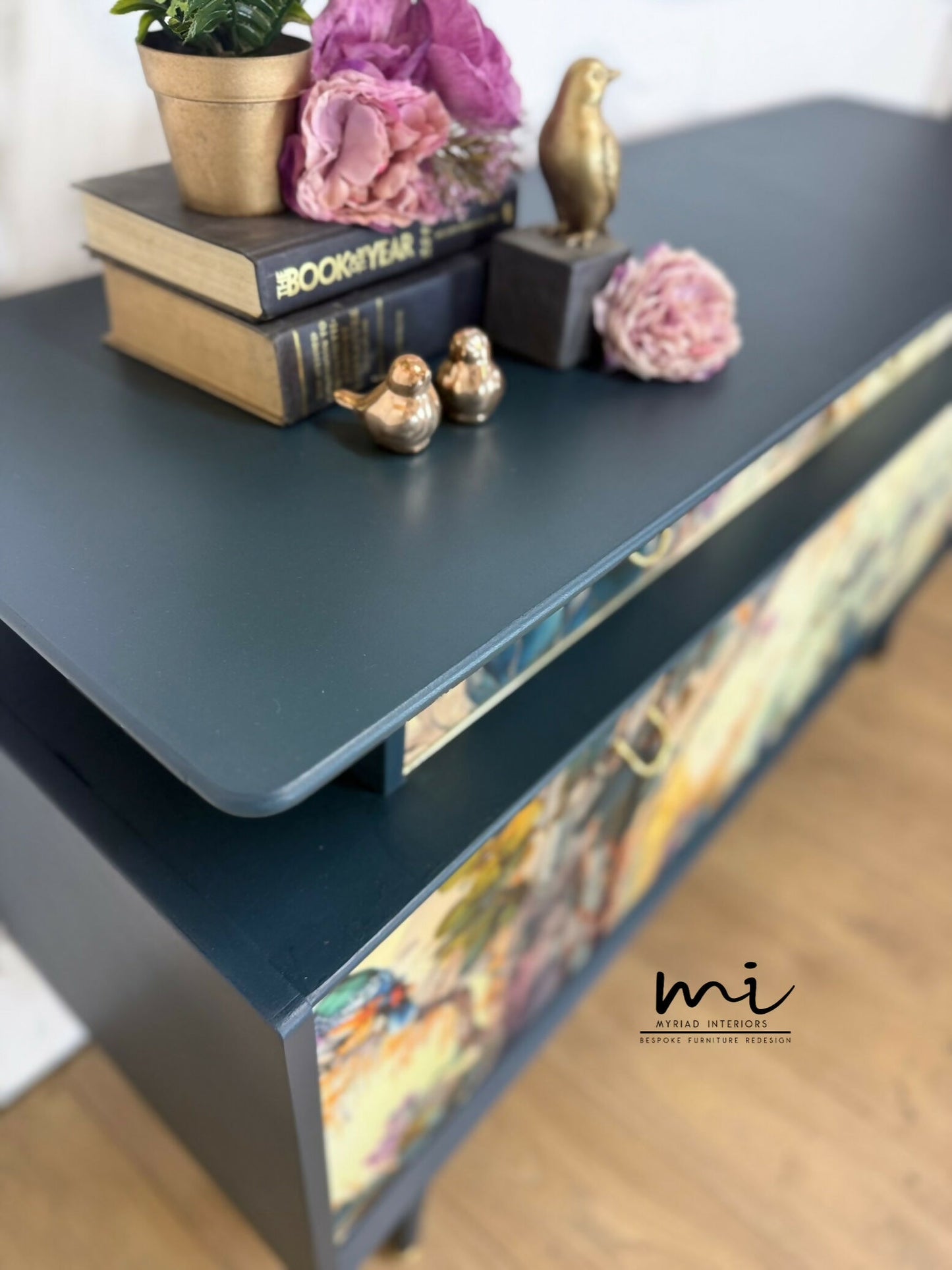 Refinished G Plan sideboard in deep blue with pretty floral and botanical, e Gomme, Tola, deep teal, maximalist, tv stand, cocktail cabinet