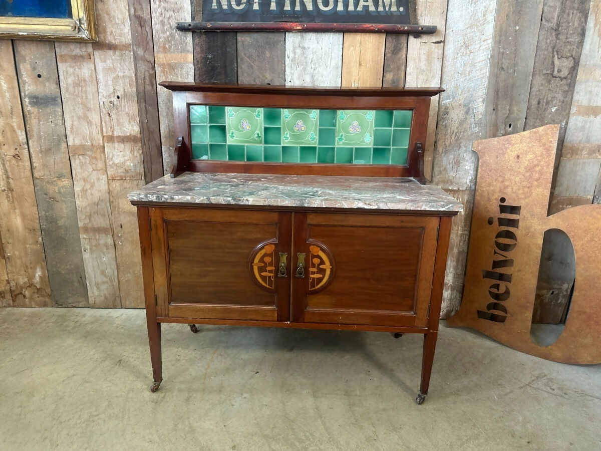 Antique Art Nouveau Three Piece Bedroom Suite, Dressing Chest, Double Wardrobe, Marble Washstand, c 1900