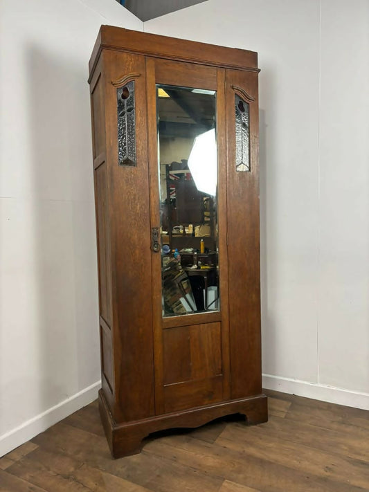 Vintage Oak Wardrobe with Stained Glass Panels