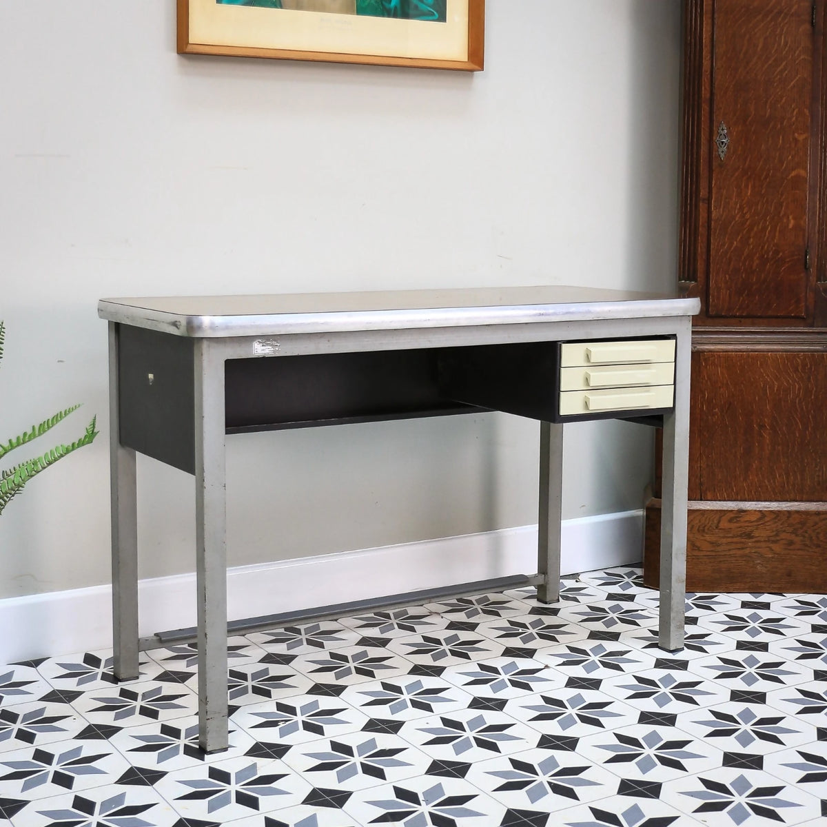 Industrial Metal Desk with Three Drawers and Formica Top by Conforti of Italy