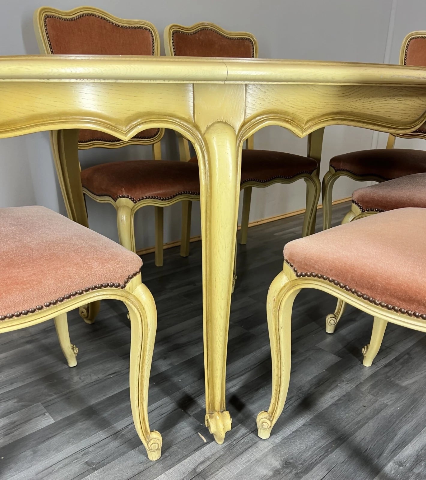 Vintage French Louis XVI Dining Table Set | Shabby Chic Oak Furniture | Includes 6 Upholstered Chairs Carved Detail LOT 4404