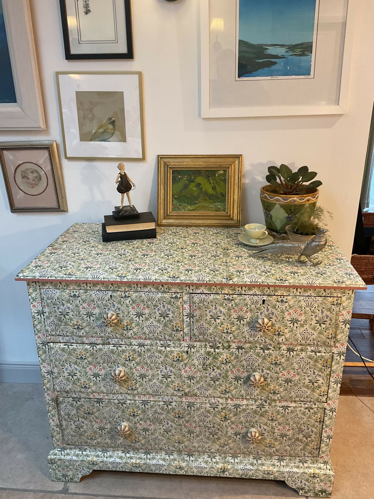 Antique chest of drawers covered in William Morris decoupage. With hand painted handles.
