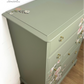 Refinished Stag Minstrel Tallboy Chest Of Drawers in Pale Green with delicate pink floral design