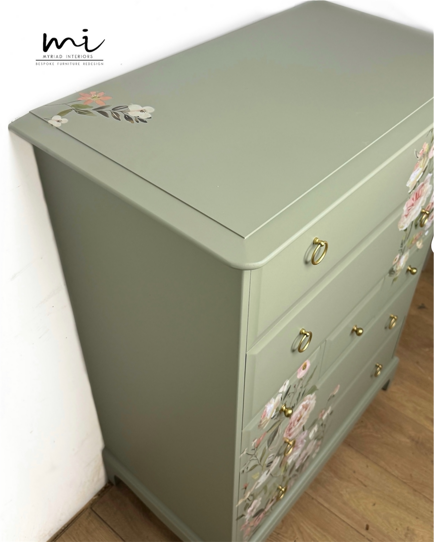 Refinished Stag Minstrel Tallboy Chest Of Drawers in Pale Green with delicate pink floral design