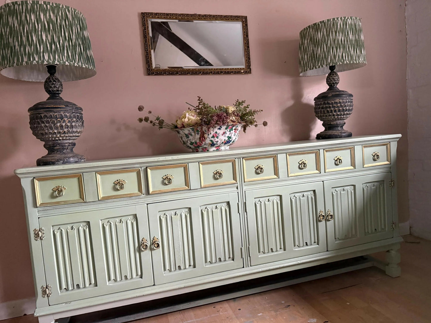 Sage Green Upcycled Sideboard, Gold Accents, Sustainable Decor
