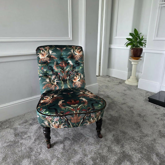 Antique Victorian Scroll Back Chair Fireside Seat - Newly Upholstered.
