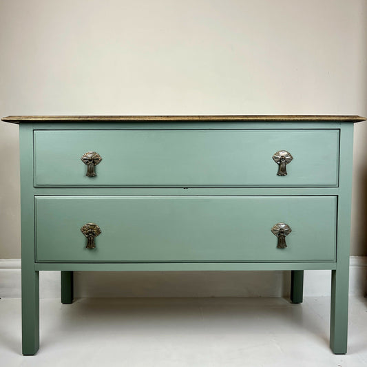 Vintage Chest of Drawers Stripped Oak Top Art Sage Green Upcycled Compact Size