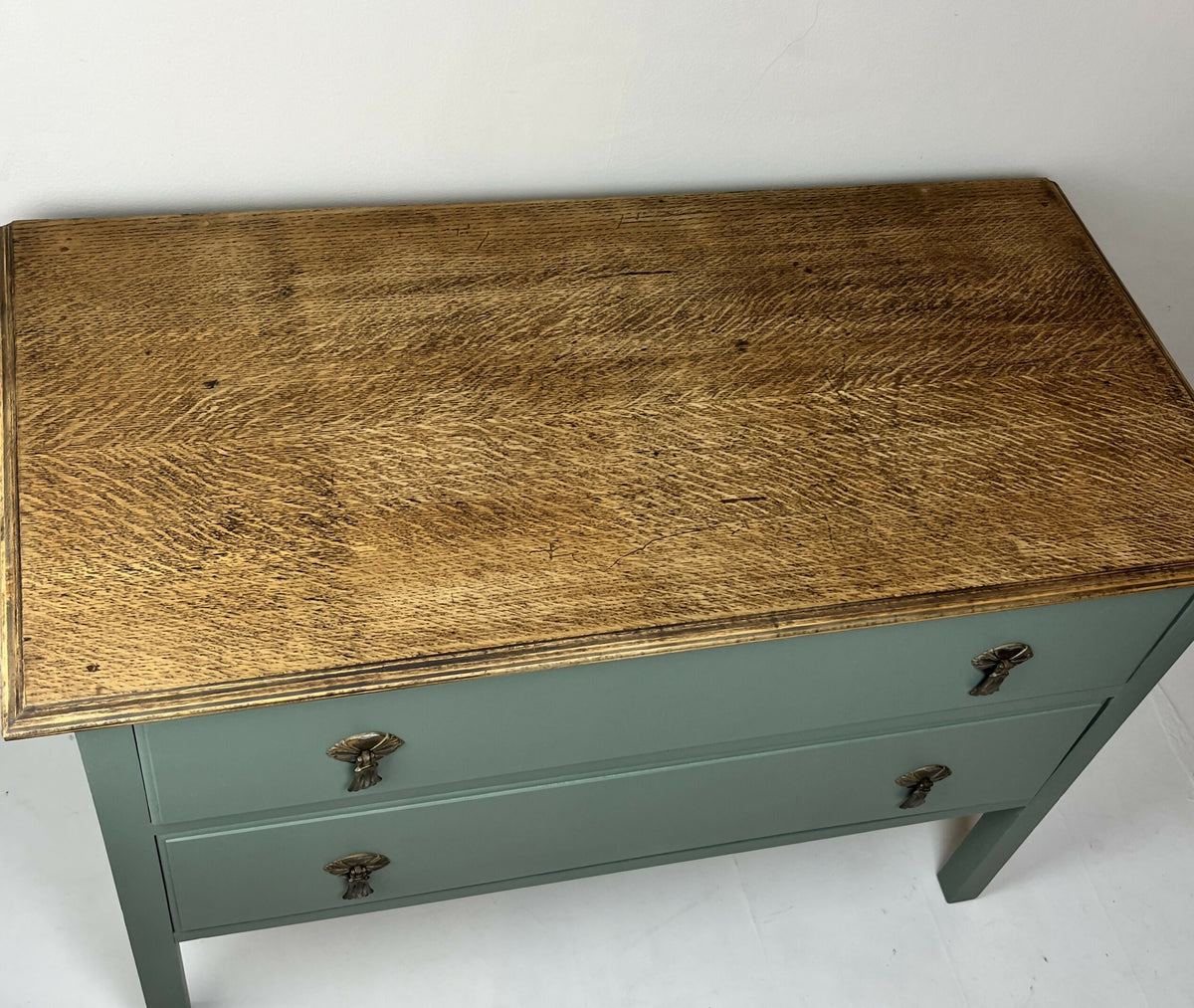 Vintage Chest of Drawers Stripped Oak Top Art Sage Green Upcycled Compact Size