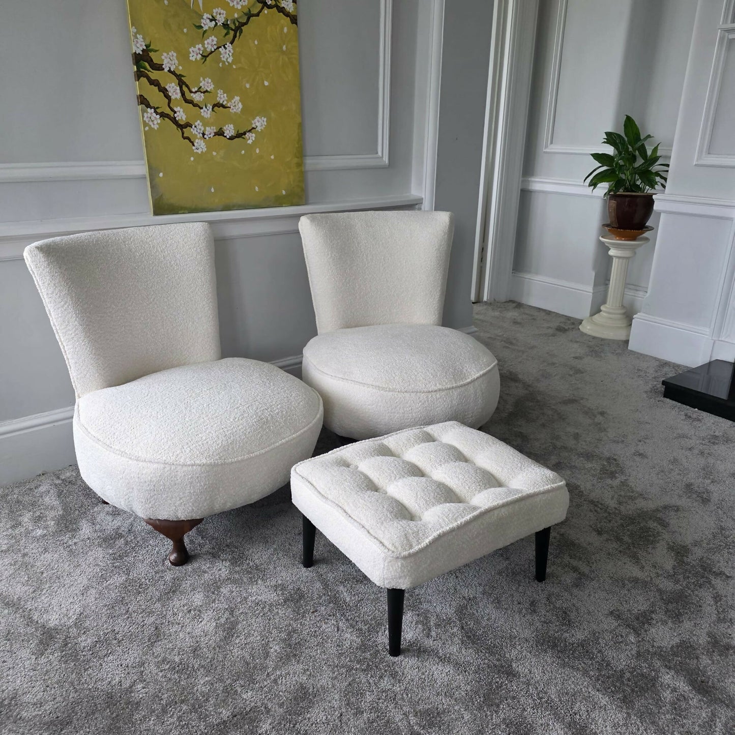 Footstool. Reupholstered, Fully Restored. Mid-century in origin. Boucle