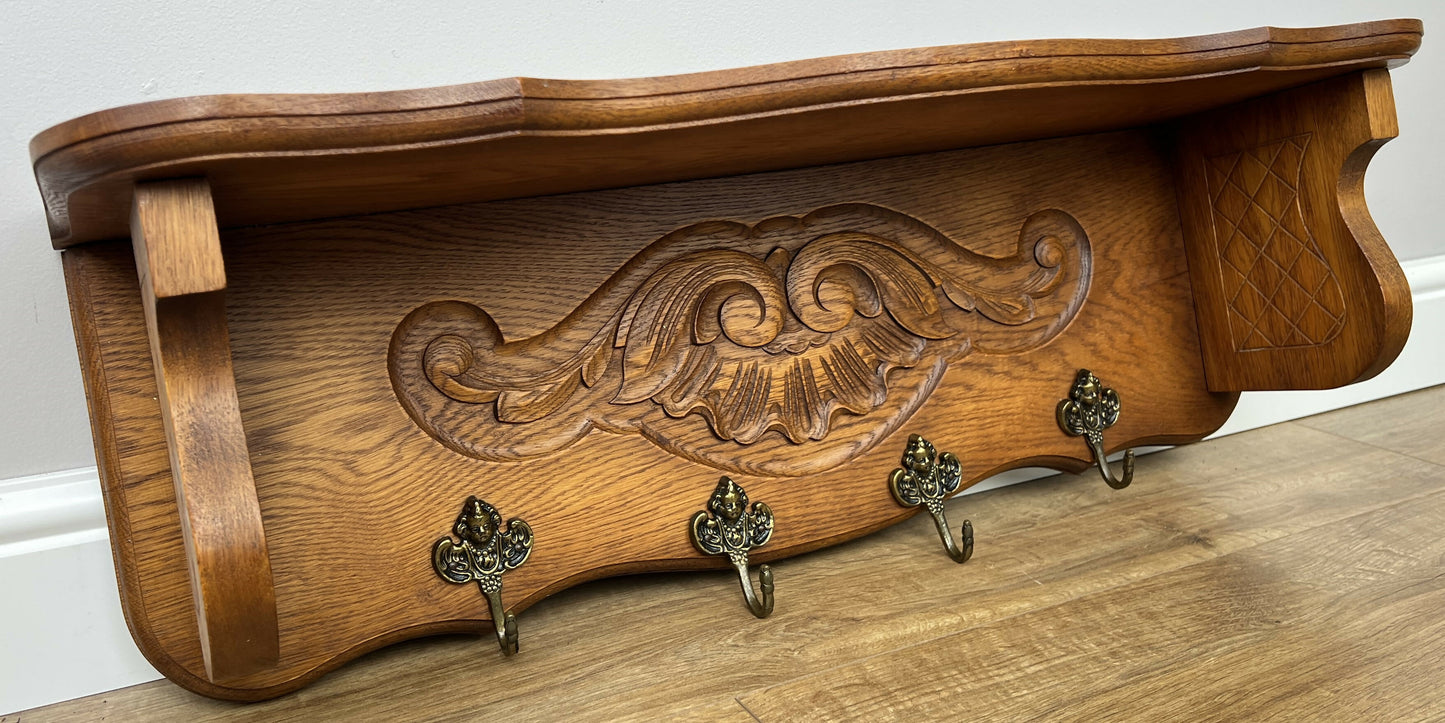 Coat Rack Vintage French Oak Wall Mounted 4 Hooks Carved Rack Hanger LOT 6293