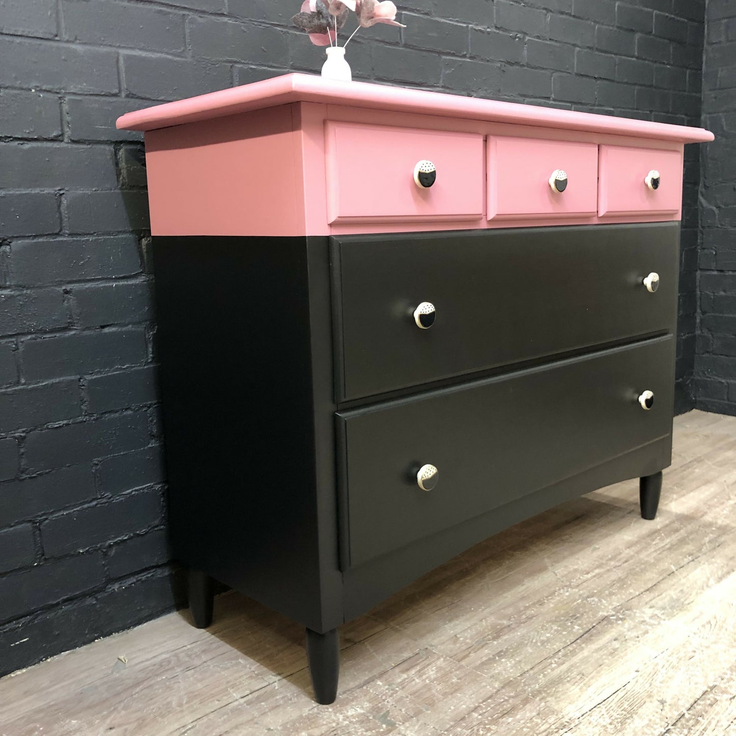 MADE TO ORDER: Upcycled chest of drawers in two-colour combination scheme, black and rasberry pink
