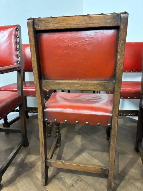 Vintage Set of Six Oak Framed Red Leather Dining Chairs