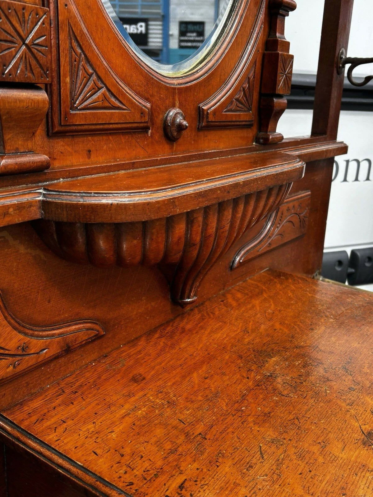 Edwardian Vintage Light Oak Hall Stand With Mirror, Drawer, Original Coat & Hat Hooks.