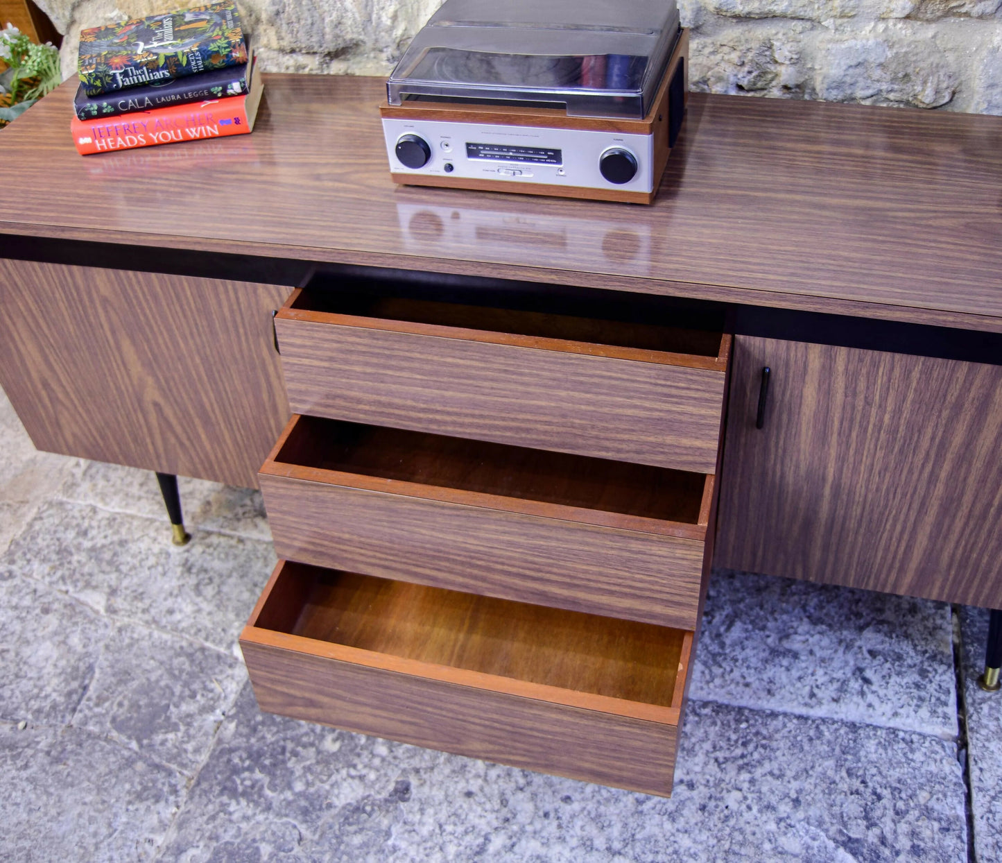 Mid Century Long Sideboard - Melamine - Tapered Legs - 1960s