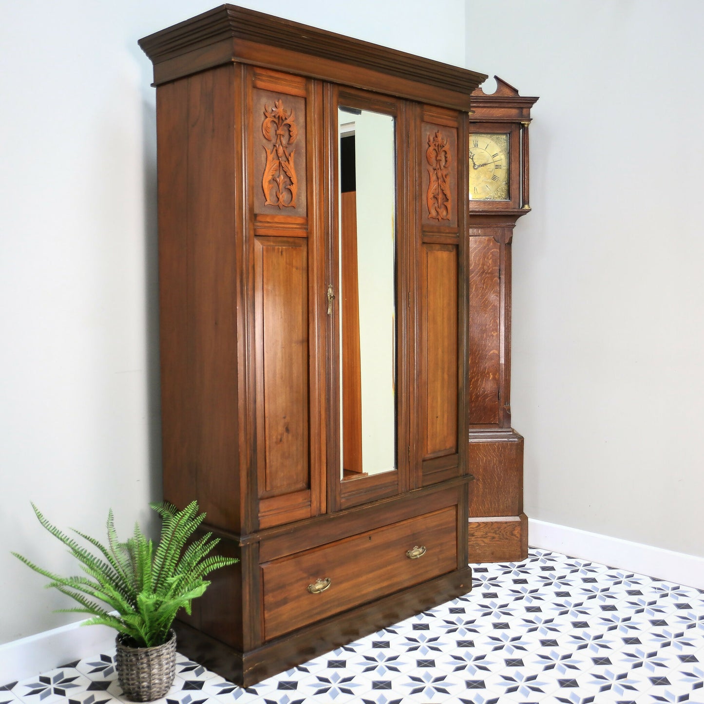 Edwardian Red Walnut Carved Wardrobe With Mirror and Drawer