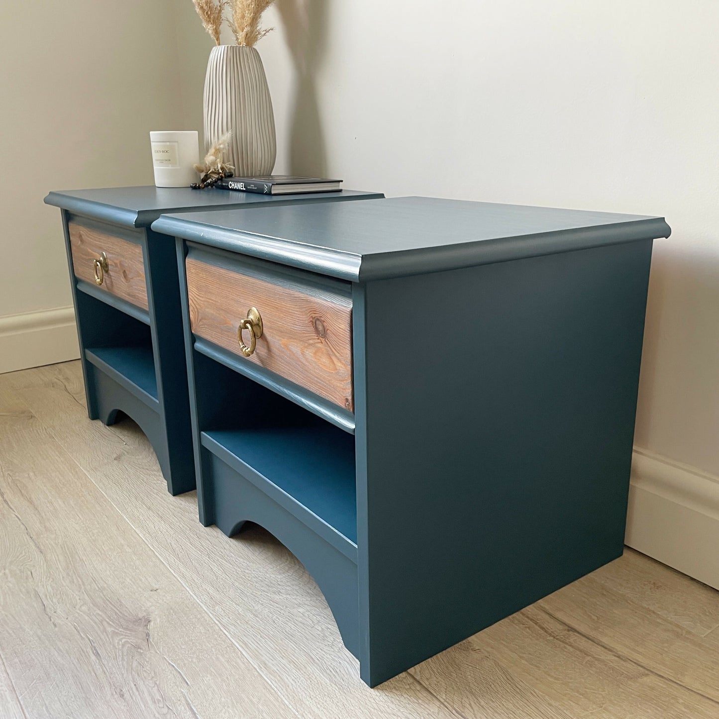 Pair of Navy Blue Vintage Bedside Tables | Mid Century Wooden Nightstands | Professionally Restored Furniture